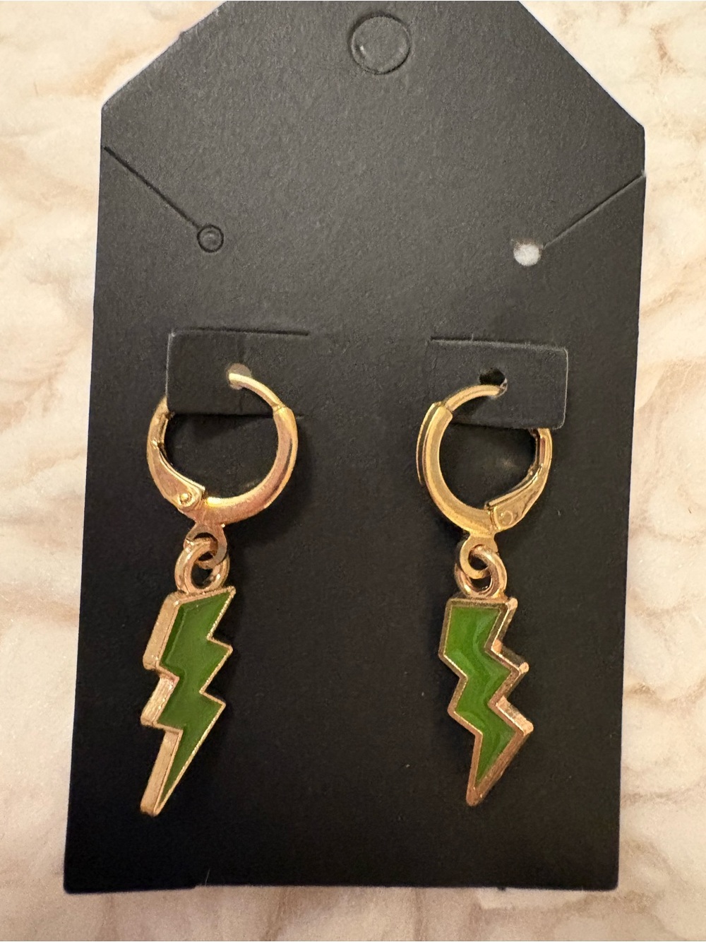 Gold Plated Green Lightning Bolt Huggie Hoop Earrings | Enamel Dangle